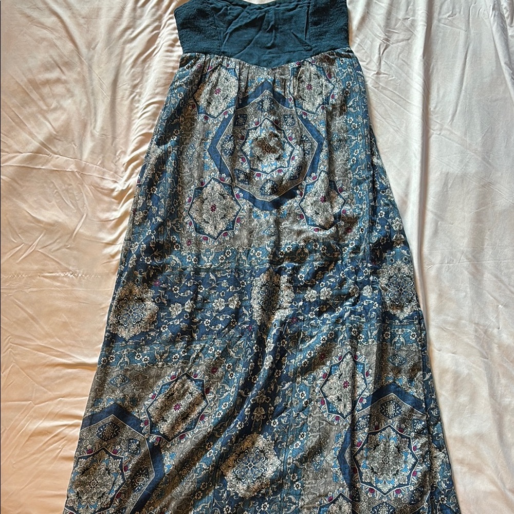Roxy Strapless Blue Gray Asymmetrical Maxi Skirt Dress